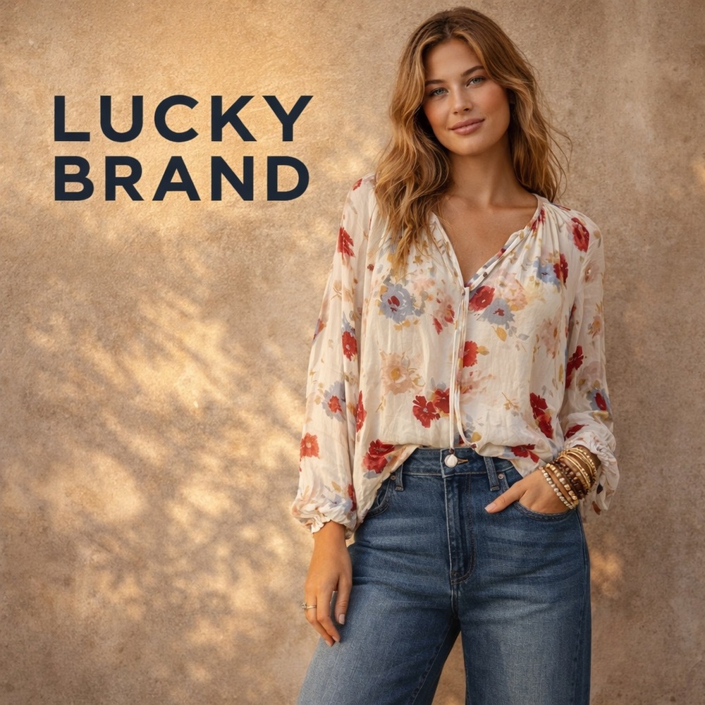Lucky Brand, Floral Print Women's Blouse, Boho Ties, Excellent Condition,Size L